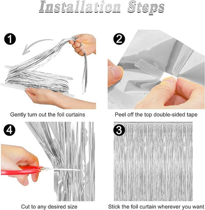 4 Pack Party Decorations, Metallic Silver Backdrop, Photo Booth Props Silver Curtains Tinsel Backdrop Foil Streamer, 21st Birthday Decorations Bachelorette Decor