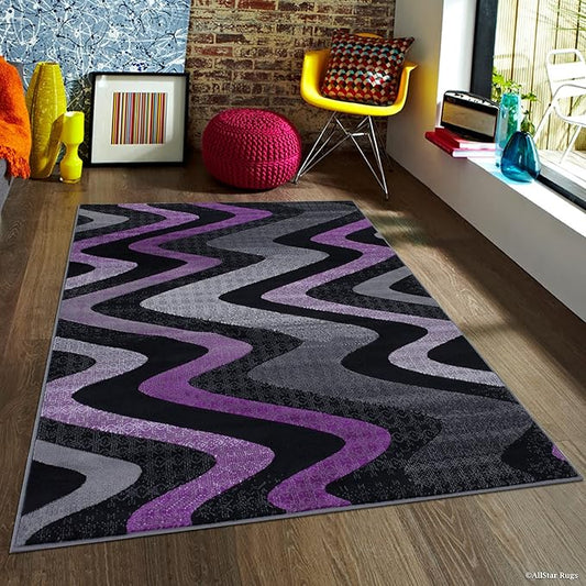 Allstar 8x10 Grey and Gainsboro Grey Modern and Contemporary Rectangular Accent Rug with Purple and Charcoal Grey Wavy Zigzag Design (7' 9" x 9' 8")