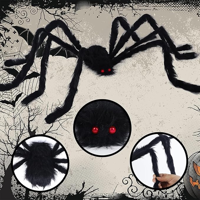 yosager Outdoor Halloween Decorations 4Pcs Realistic Giant Spiders, Huge Hairy Scary Halloween Spider Prop, Black Spooky Spider for Indoor House Outdoor Window Yard Patio Decor (24" 24" 36" 60")