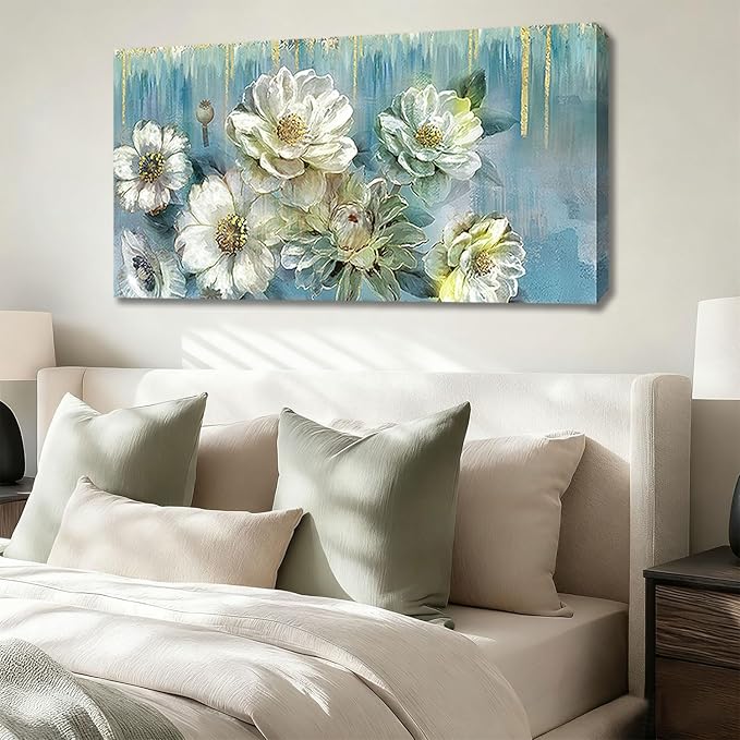 Ardemy Floral Canvas Wall Art Large Magnolia White Flowers Pictures Wall Decor Teal Textured Paintings Modern Turquoise Artwork for Living Room Bedroom Dinning Room Home Office, 48"x24"