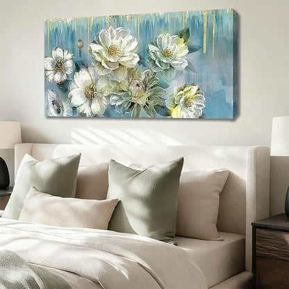 Ardemy Floral Canvas Wall Art Large Magnolia White Flowers Pictures Wall Decor Teal Textured Paintings Modern Turquoise Artwork for Living Room Bedroom Dinning Room Home Office, 48"x24"
