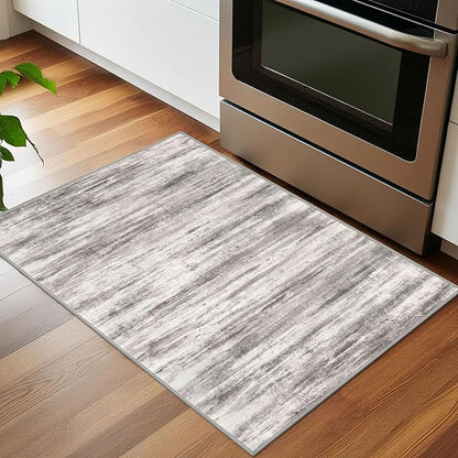 KOZYFLY Modern Abstract Small Area Rugs 2x3, Washable Kitchen Rug Non-Slip Soft Small Bathroom Rug, Grey Beige Striped Entryway Rugs Abstract Print Faux Wool Doormat for Bedside Entrance Bedroom Sink