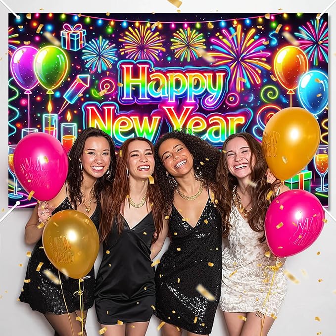 Happy New Year Backdrop 71x43 Inch Neon Style Party Banner Colorful Fireworks Balloons Candles Gift Box Design Large New Year Eve Photo Booth Background Wall Decor