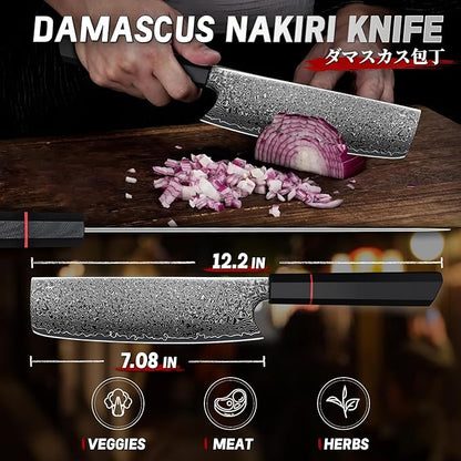 TIVOLI Damascus Nakiri Knife, Hand-ground Sharp Edge Meat Cleaver Kitchen Knives with 67-Layer Hand-Forged VG10 High Carbon Steel for Chopping Vegetable, Octagonal Handle，GIft for Dad,Mom