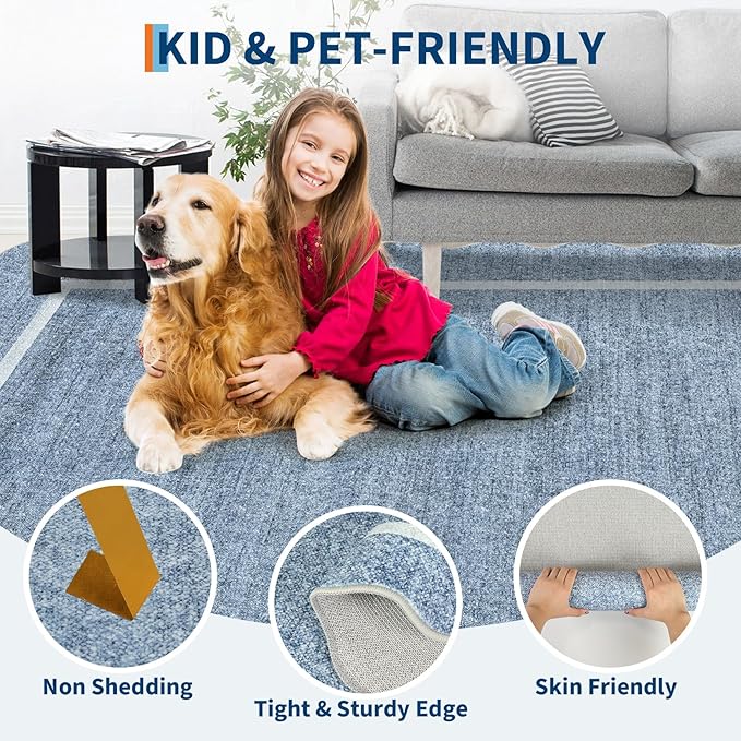 GarveeHome Scalloped Washable Rug 9x12 Area Rug for Bedroom Modern Living Room Rug Farmhouse Non Slip Large Area Rug Soft Throw Rugs Stain Resistant Carpet for Dining Room Nursery Blue 9 ft x12 ft