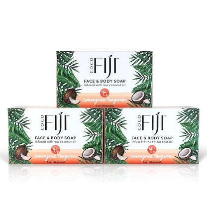 "Coco Fiji Soap Bar for Face and Body Infused With Organic Coconut Oil, Lemongrass Tangerine Essential Oil, Natural Soap for Moisturizing & Pore Purifying Skin, 7 oz, Pack Of 3 "