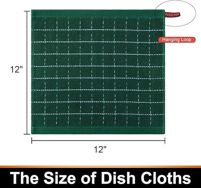 Mordimy 100% Cotton Terry Cloth Dish Cloths, Soft and Absorbent Checkered Dish Towels, Quick Drying Dish Rags for Washing Dishes, 8 Pack, 12 x 12 Inches, Dark Green