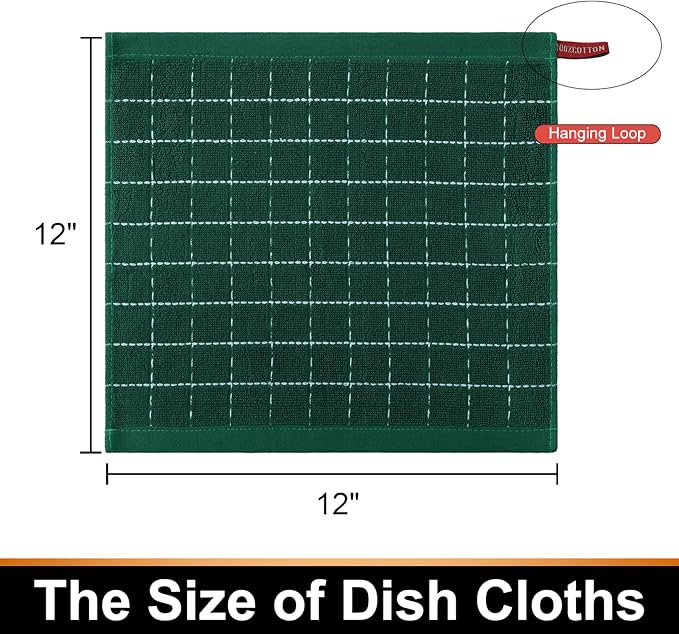 Mordimy 100% Cotton Terry Cloth Dish Cloths, Soft and Absorbent Checkered Dish Towels, Quick Drying Dish Rags for Washing Dishes, 12 Pack, 12 x 12 Inches, Dark Green