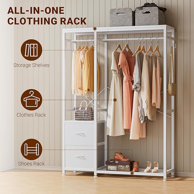 Lulive Clothes Rack, Heavy Duty Garment Rack for Hanging Clothes, Industrial Clothing Racks with Shelves, 2 Fabric Drawers, 4 Hooks, 2 Hanging Rods, Freestanding Closet Organizer (Modern)