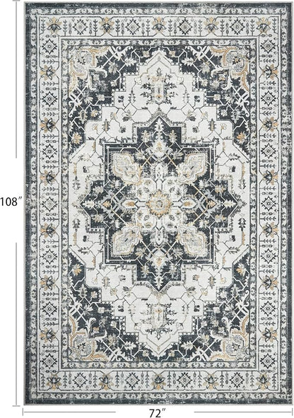 zesthome Washable Rug 6x9 Area Rugs,Stain Resistant Rugs for Living Room,Bedroom,Non-Slip Backing Home Decor Rug, Vintage Medallion Pattern Rugs (Black,6'x9')