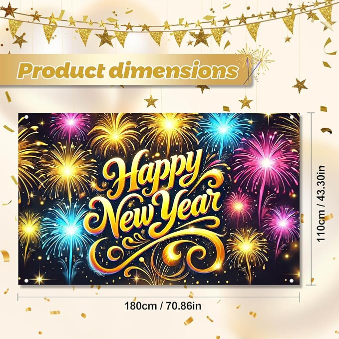 2026 Happy New Year Banner Fireworks Party Backdrop Gold Lettering New Year Eve Wall Decor Large Celebration Photo Background for Indoor Outdoor Holiday Events