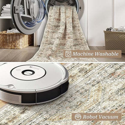 2x3 Washable Rug Runner for Bathroom, Soft Entryway Rug for Laundry Room, Kitchen, Vintage Abstract Hallway Runner for Bedroom, Anti-Slip Door Mat Indoor Entrance(2'x3', Brown/Pink)