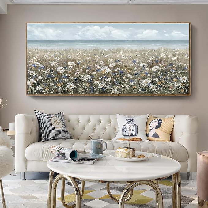 amatop Oversized Framed Canvas Wall Art 6x2.6 ft – Extra Large Farmhouse Art Work Boho Beach Coastal Ocean Nature Daisy Flowers Landscape Picture for Giant Living Room Bedroom Office Decor 71“x31”