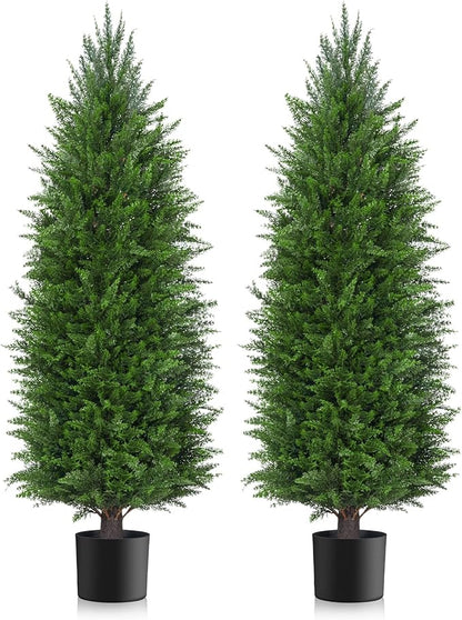 4FT Artificial Topiary Cedar Plants Outdoor, Faux Pine Trees UV Resistant and Potted, 48 Inch Tall Fake Shrubs Evergreen for Front Porch Decor Set of 2