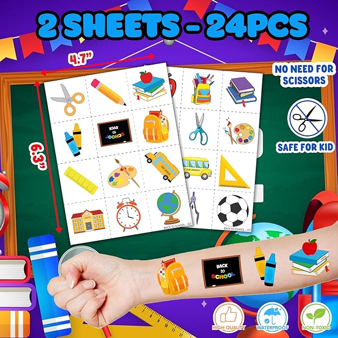 36PCS Back to school Party Favors - 24PCS Pre-Cut Temporary Tattoos & 12PCS Stamps - Ideal Welcome First Day Of School Themed Birthday Card Decorations Supplies Goodie Bag Kids Gifts Classroom Rewards