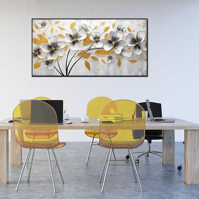Large White and Yellow Flower Canvas Wall Art With Black Wood Frames for Living Room Bedroom Home Office Modern Grey Canvas Prints Framed Wall Art Size 30x60
