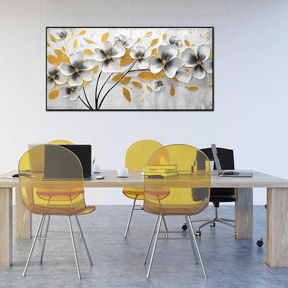 Large White and Yellow Flower Canvas Wall Art With Black Wood Frames for Living Room Bedroom Home Office Modern Grey Canvas Prints Framed Wall Art Size 30x60