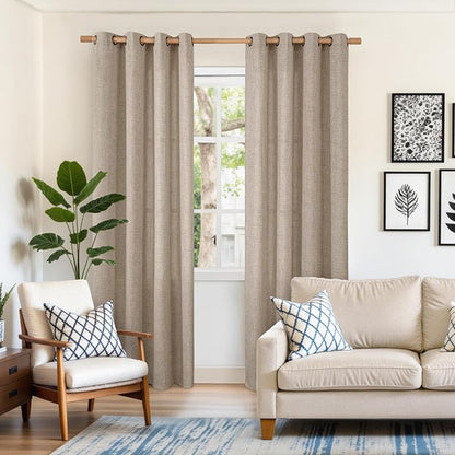 YoungsTex Oatmeal Semi Sheer Linen Curtains 80 Inch Length for Living Room, Burlap Light Filtering Window Treatments with Bronze Grommet for Bedroom Farmhouse, 52 x 80 Inch, 2 Panels