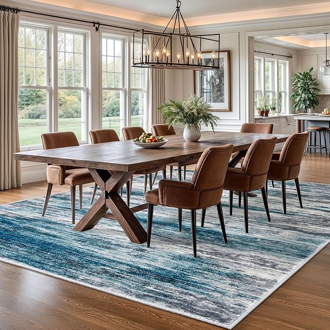 KOZYFLY Area Rug 8x10 Modern Living Room Rug, Washable Large Thin Rugs Non-Slip Soft Striped Rug for Bedroom, Print Blue Abstract Carpet for Laundry/Kid Room