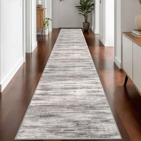 KOZYFLY Modern Abstract Washable Rug Runner 2.6x16 Hallway Rug Runner Non-Slip Soft Kitchen Runner Rugs, Grey-Beige Striped Carpet for Entryway Bathroom Laundry Room Foyer
