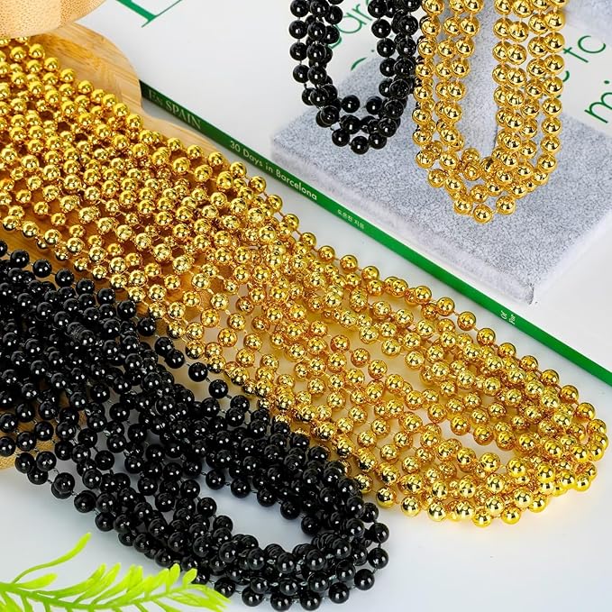 72PCS New Years Eve Bead Necklaces, Metallic Gold Black New Year Bead Party Favors, New Year Eve 33" Necklaces Costume, Parade Throw Accessories for New Year Wedding Birthday Celebrations Decorations