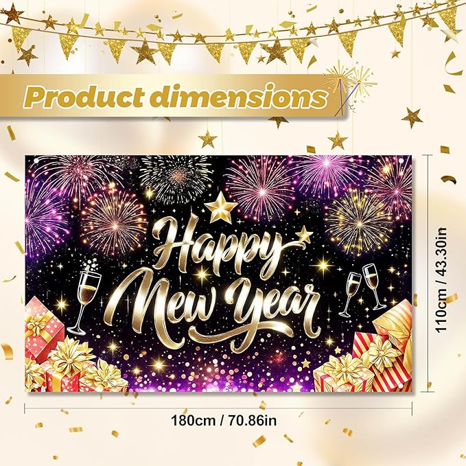 Happy New Year Backdrop Gold Glitter Champagne Glasses Fireworks Gift Boxes Banner 71x43 Inches Sparkling Black Background for 2026 New Year Eve Party Indoor Outdoor Decoration