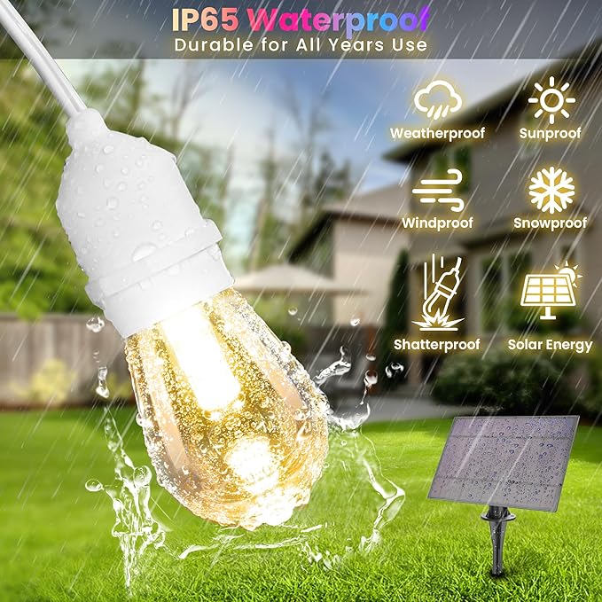 50FT RGB Solar Outdoor String Lights with Remote, Dimmable Waterproof Patio Lights with 15 LED Bulbs for Deck Balcony Cafe Party-White Cord