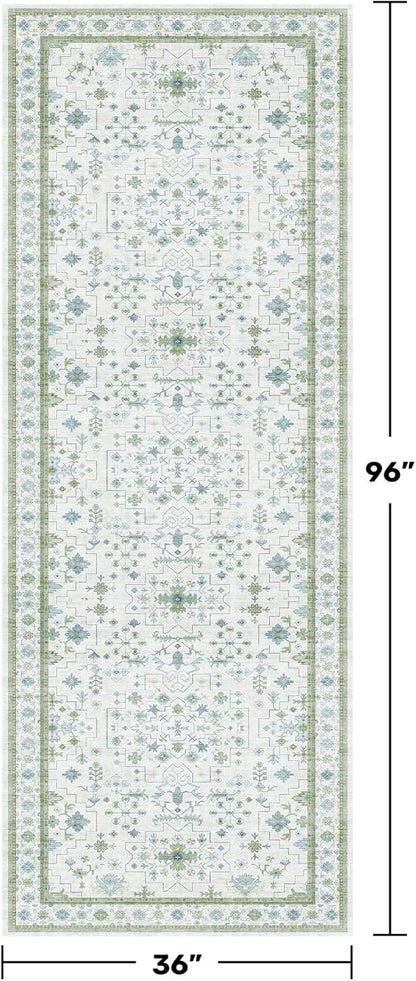 Turkish 3x8 Wide Hallway Runner - Cream Green Oushak Boho Floral, Washable Low Pile Non Slip Stain Resistant Rug for Kitchen, Bathroom, Hall Way