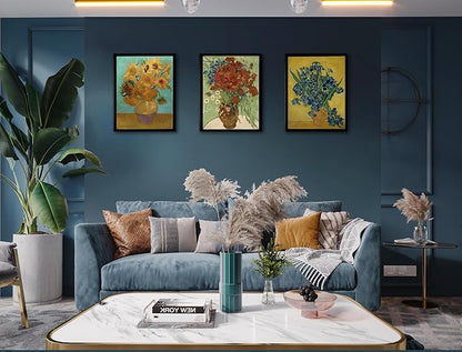 Black Framed Sunflowers- Irises Flower Vase Vincent Van Gogh Art Reproduction, Giclee Canvas Prints Wall Art for Home Decor 16"x24"