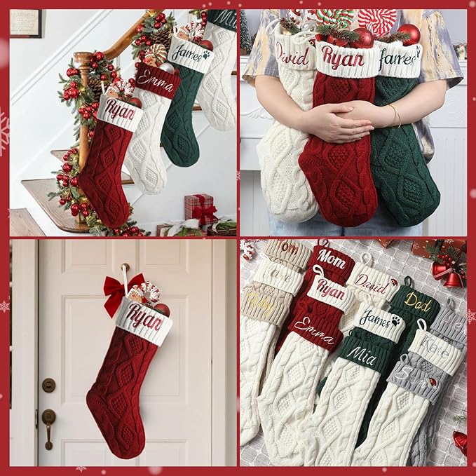Personalized Christmas Stockings,Custom Embroidered Name+Logo Xmas Knitted Stockings 18'',Holiday and Family Stocking for Fireplace Christmas Holiday Party Decoration 1-6Pack（White Green）