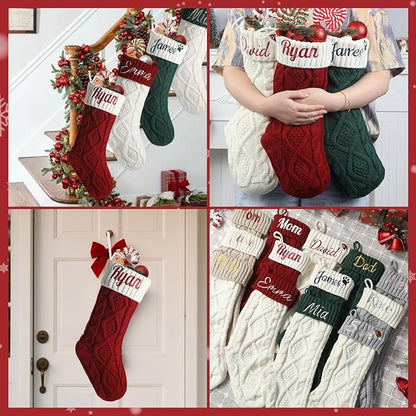 Personalized Christmas Stockings,Custom Embroidered Name+Logo Xmas Knitted Stockings 18'',Holiday and Family Stocking for Fireplace Christmas Holiday Party Decoration 1-6Pack（White Green）