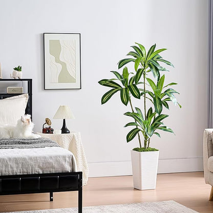 Artificial Dracaena Tree Artificial Silk Tree Faux Tree Fake Tropical Yucca Floor Plant with White Tall Planter (1, White Tall Planter, 5FT)