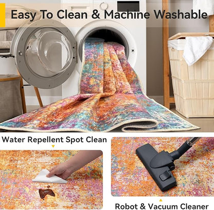 Washable Area Rugs 9'x12' Non-Slip Modern Abstract Soft for Living Room Entryway Bedroom Nursery, Print Pattern, Orange Blue Pink Yellow Colorful