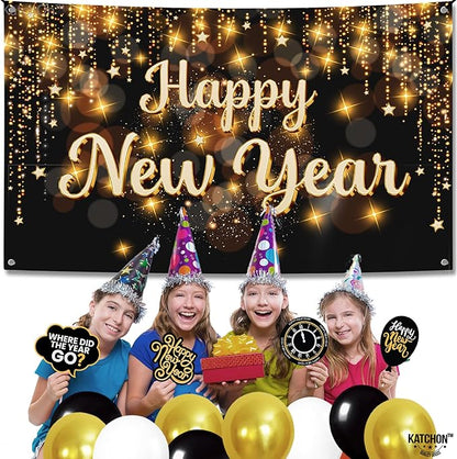 KatchOn, XtraLarge Happy New Year Banner - 72x44 Inch | Happy New Year Backdrop for Happy New Years Decorations 2026 | NYE Decorations 2026, New Years Eve Party Supplies 2026
