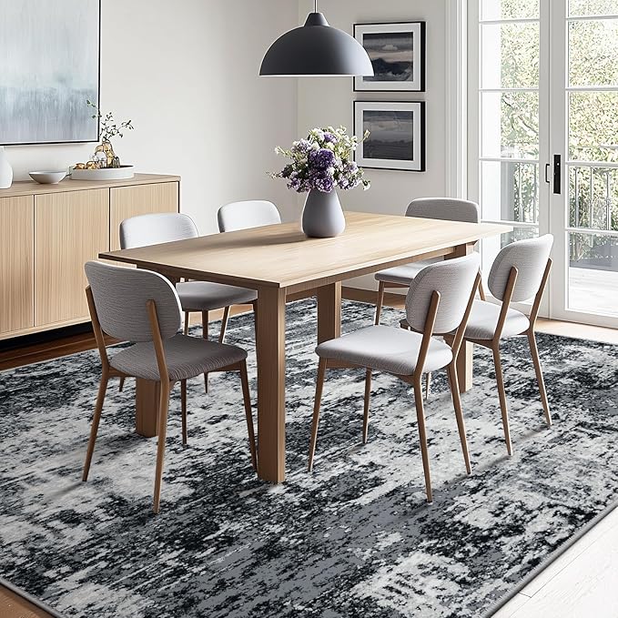 Washable Area Rugs 5'x7' Non-Slip Modern Abstract Soft for Living Room Entryway Bedroom Nursery, Print Pattern, Black Navy Blue Gray