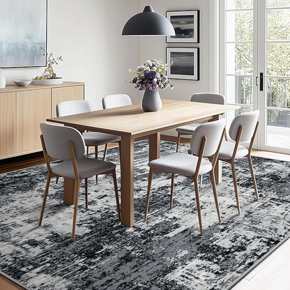 Washable Area Rugs 8'x10' Non-Slip Modern Abstract Soft for Living Room Entryway Bedroom Nursery, Print Pattern, Black Navy Blue Gray
