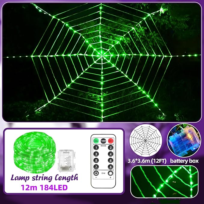 144 LED Round Halloween Spider Web Lights Decoration, 3.6 m Giant Net Light Fairy Lights with Remote Control Light Net Decoration Outdoor Indoor, Green
