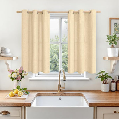 LAMIT Sand Linen Curtains 40 Inches Long for Kitchen Windows, Short Linen Textured Drapes Grommet Light Filtering Privacy Window Panels for Bathroom/Cafe/Small Windows, 2 Panels, 42 x 40 Inch