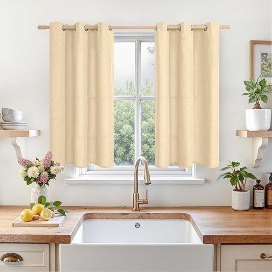 LAMIT Sand Linen Curtains 40 Inches Long for Kitchen Windows, Short Linen Textured Drapes Grommet Light Filtering Privacy Window Panels for Bathroom/Cafe/Small Windows, 2 Panels, 42 x 40 Inch