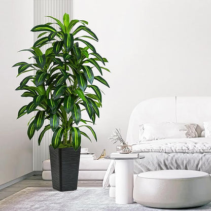 Artificial Dracaena Plant 5FT Tall - Fake Tree with Black Planter - Faux Yucca Tall Fake Floor Plant in Pot - Artificial Trees for Home Bedroom Office Indoor Living Room Decoration