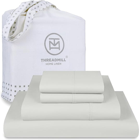 Threadmill Supima Cotton California King Sheets - 1200TC Light Grey Cal King Bed Sheets, 4 Pc with Non-Elastic Deep King Size Pocket Sheets