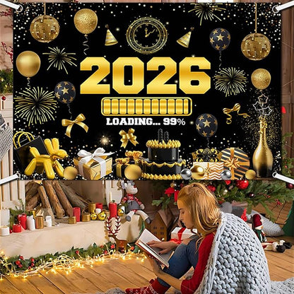 New Years Eve Party Backdrop for 2026, Gold Happy New Year Photo Background Great New Yeras Decorations for Outdoor Indoor Home Wall 7x5ft