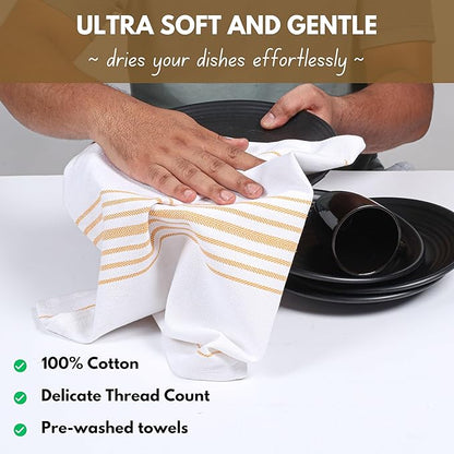Native Fab Yellow Stripe Kitchen Dish Towels 16"x26" Set of 4 - Herringbone Weave Scandia Striped 100% Cotton Dish Cloths for Washing Dishes, Absorbent Hand Towels - Yellow White