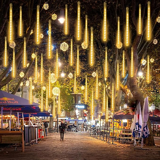 2-Pack Christmas Decorations Lights Outdoor, Total 384LED Meteor Shower Lights with Timer, 30cm 16 Tubes Indoor Outdoor Snow Cascading String Light for Xmas Tree Roof Party Garden Decor (Warm White)
