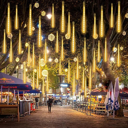 Solar Meteor Shower Lights Outdoor, Waterproof Christmas Lights Decorations Solar Powered 16 Tubes 384LED Icicle String Light, Snow Cascading Rain Drop Light for Xmas Tree Garden Decor (Warm White)