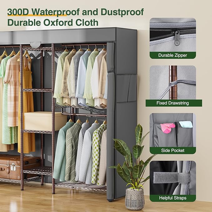 LEHOM G6C Heavy Duty Clothes Rack with Cover, Wire Garment Rack for Hanging Clothes, Compact Closet Storage Clothing Rack with Oxford Fabric Cover, Adjustable Hanging Clothes Racks for Bedroom