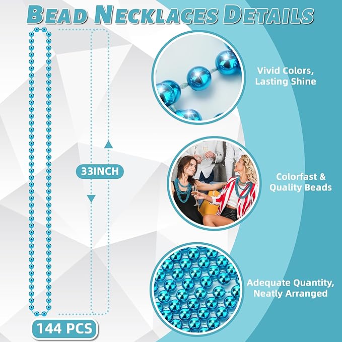 YAXINRUI 144 PCS Teal Bead Necklaces, Teal Mardi Gras Beads, 33 Inch Round Beaded Necklaces School Spirit Day Necklace for Mardi Gras Party Christmas Festive Events Party Favors