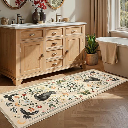 GarveeHome 2x6 Cat Washable Runner Rug for Kitchen, Soft Beige Hallway Runner Non Slip Mushroom Moths Entryway Rug Floral Laundry Mat Stain Resistant Carpet for Bedroom Bathroom Beside Rug