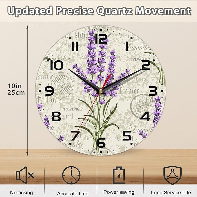 Vintage Floral with Lavenders Wall Clock Silent Non-Ticking Battery Operated Clock 10 Inch, Home Decor for Living Room, Kitchen, Bedroom and Office
