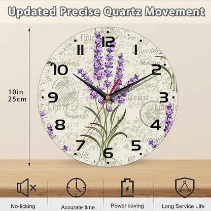 Vintage Floral with Lavenders Wall Clock Silent Non-Ticking Battery Operated Clock 10 Inch, Home Decor for Living Room, Kitchen, Bedroom and Office